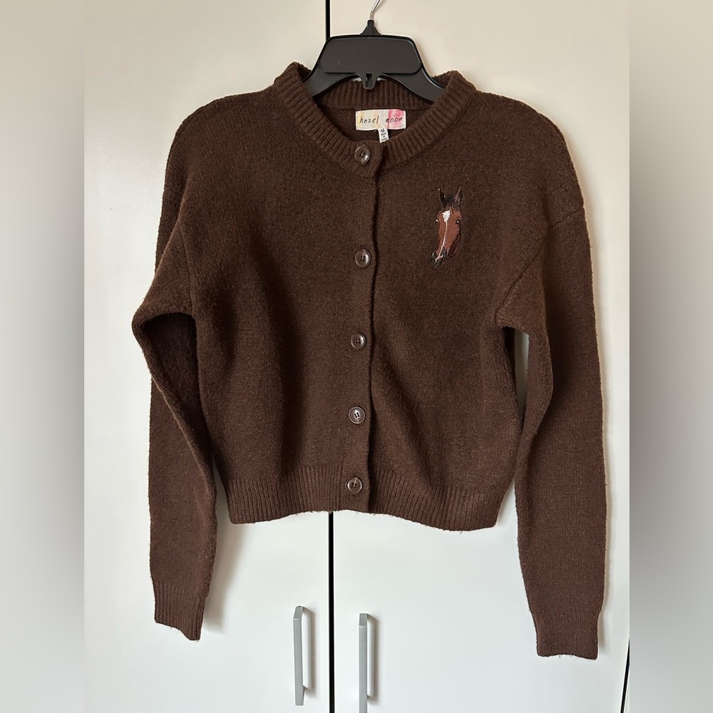 Brown Crewneck Juniors Cardigan with horse embroidery detail.